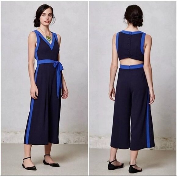 Anthropologie Pants - Anthropologie Elevenses Jumpsuit 10 Beca Blue Colorblock Wide Leg Copped Cut Out